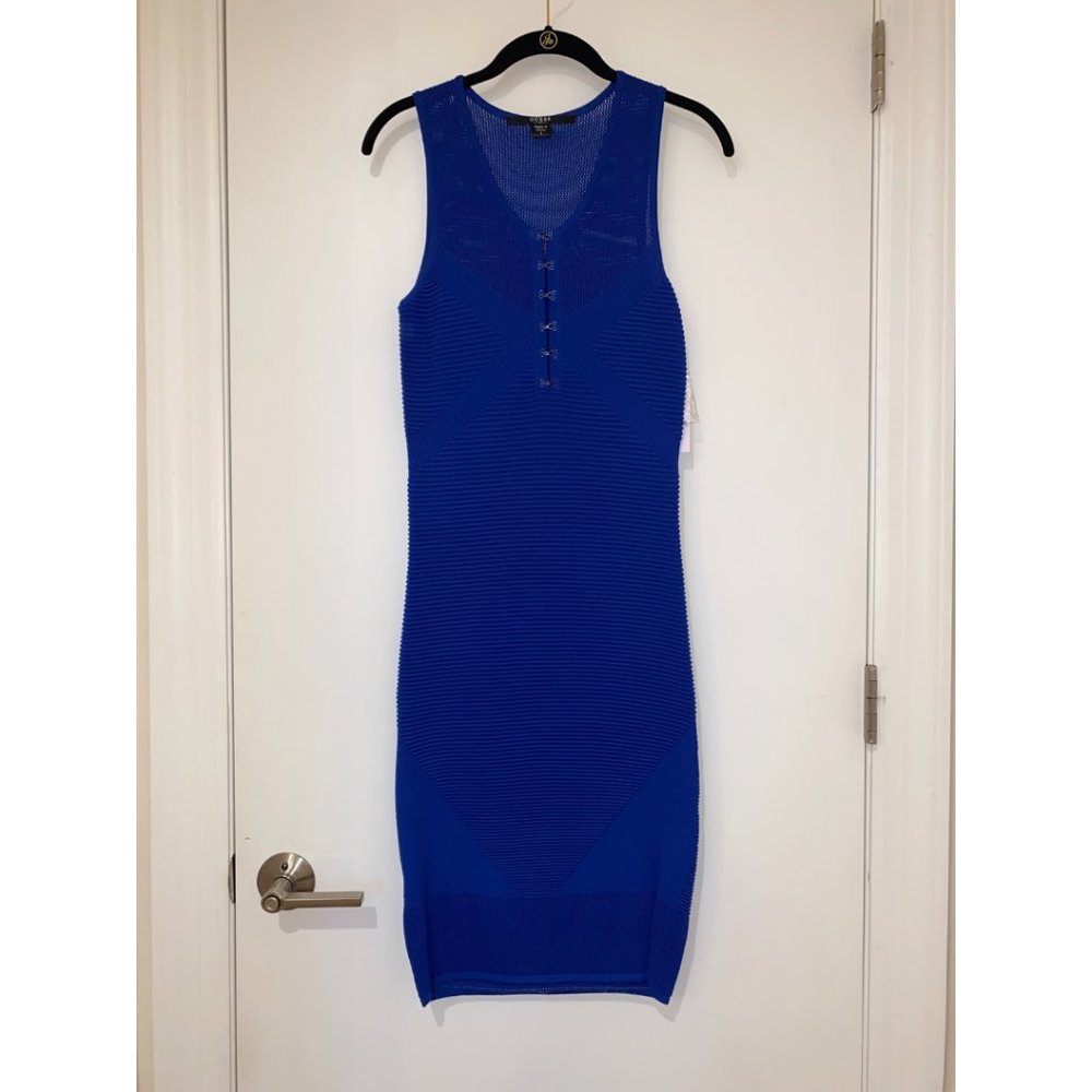 NWT! GUESS Royal Blue Knit Midi Body-con dress (Size Small)
